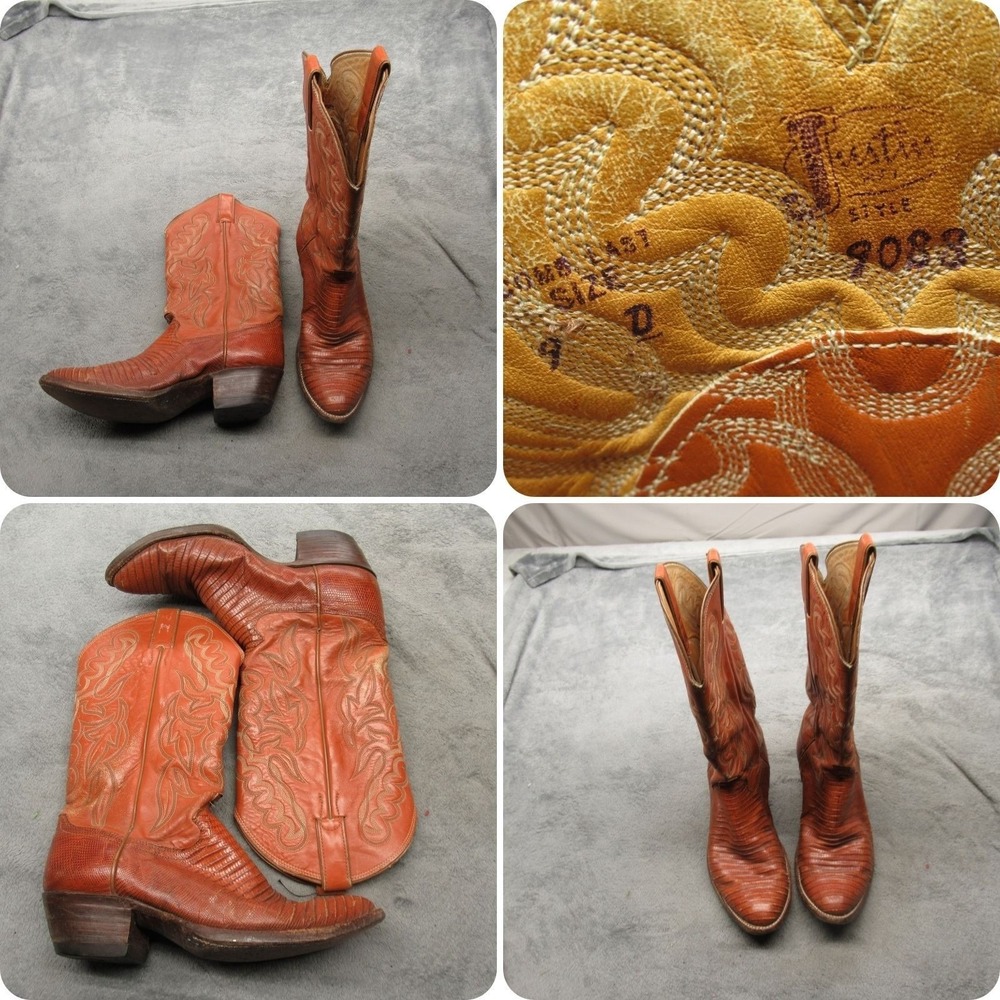 Justin Men Shoes 9 D Brown Leather Embroidery Western Cowboy Pull-On Tall Boots